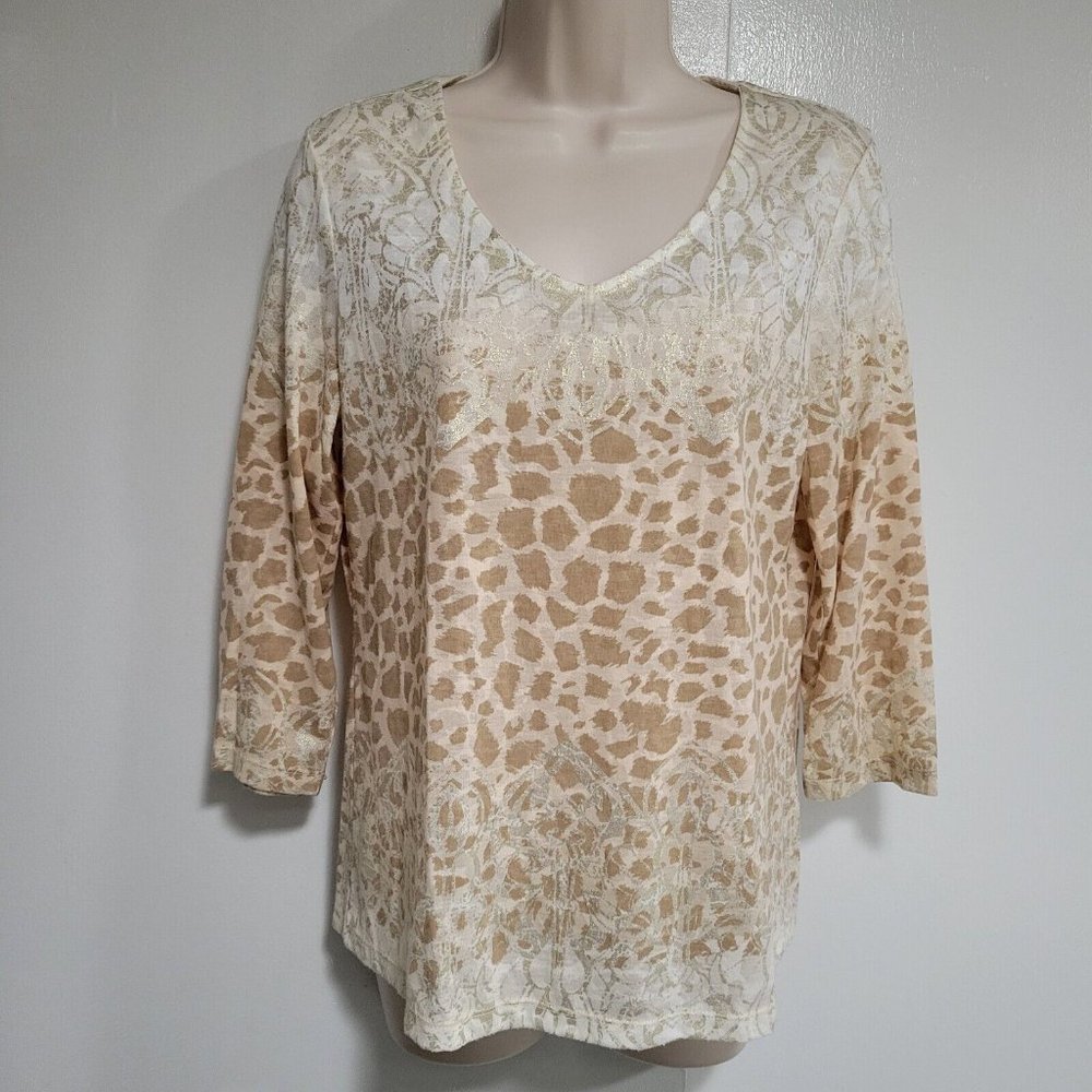 Chico's Size 0 (S) Ivory Poly Blend Multi Patterned V-neck 3/4 Sleeve Knit Top